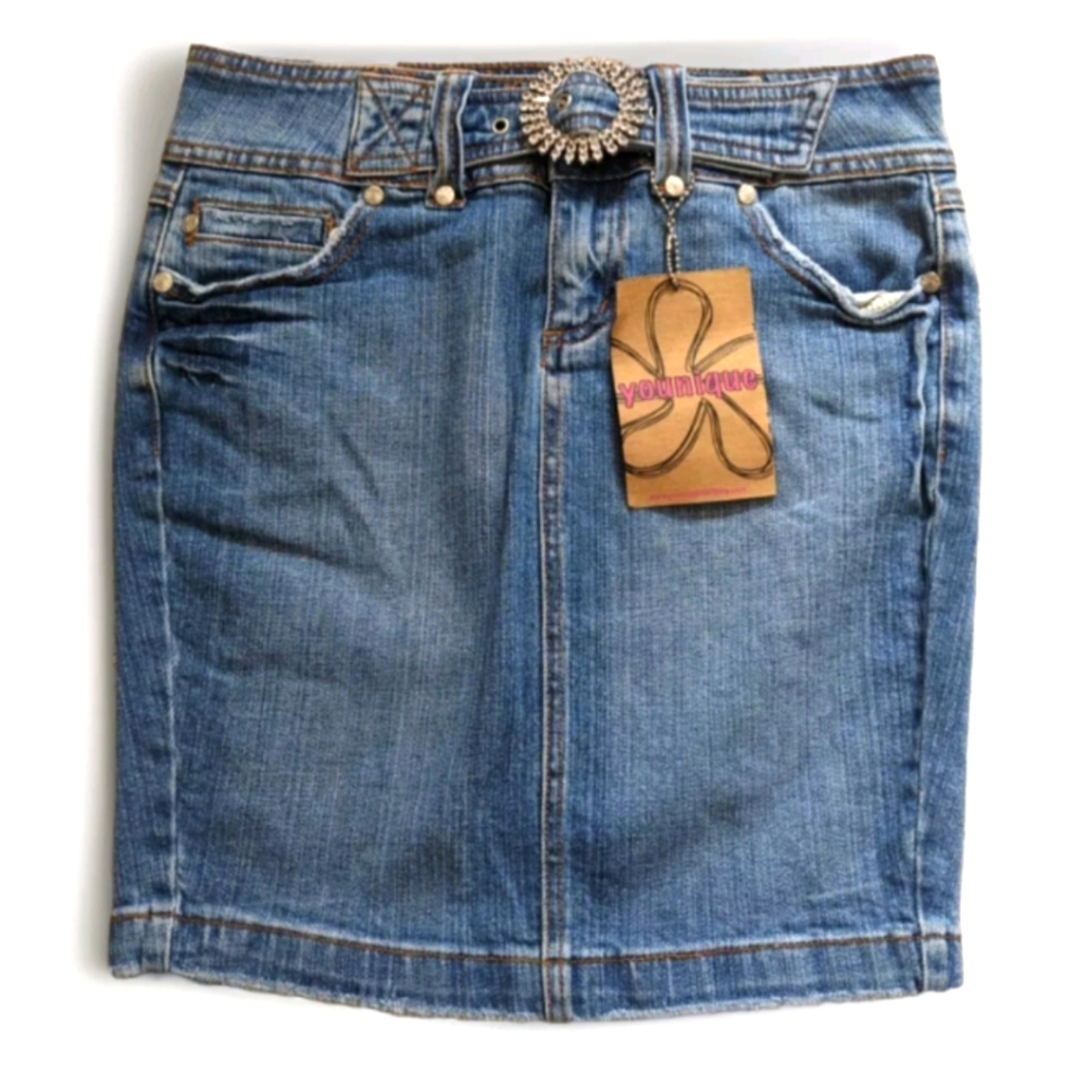 Blue Denim Distressed Mini Skirt Back Slit Rhinestone Buckle Sz 3 NWT